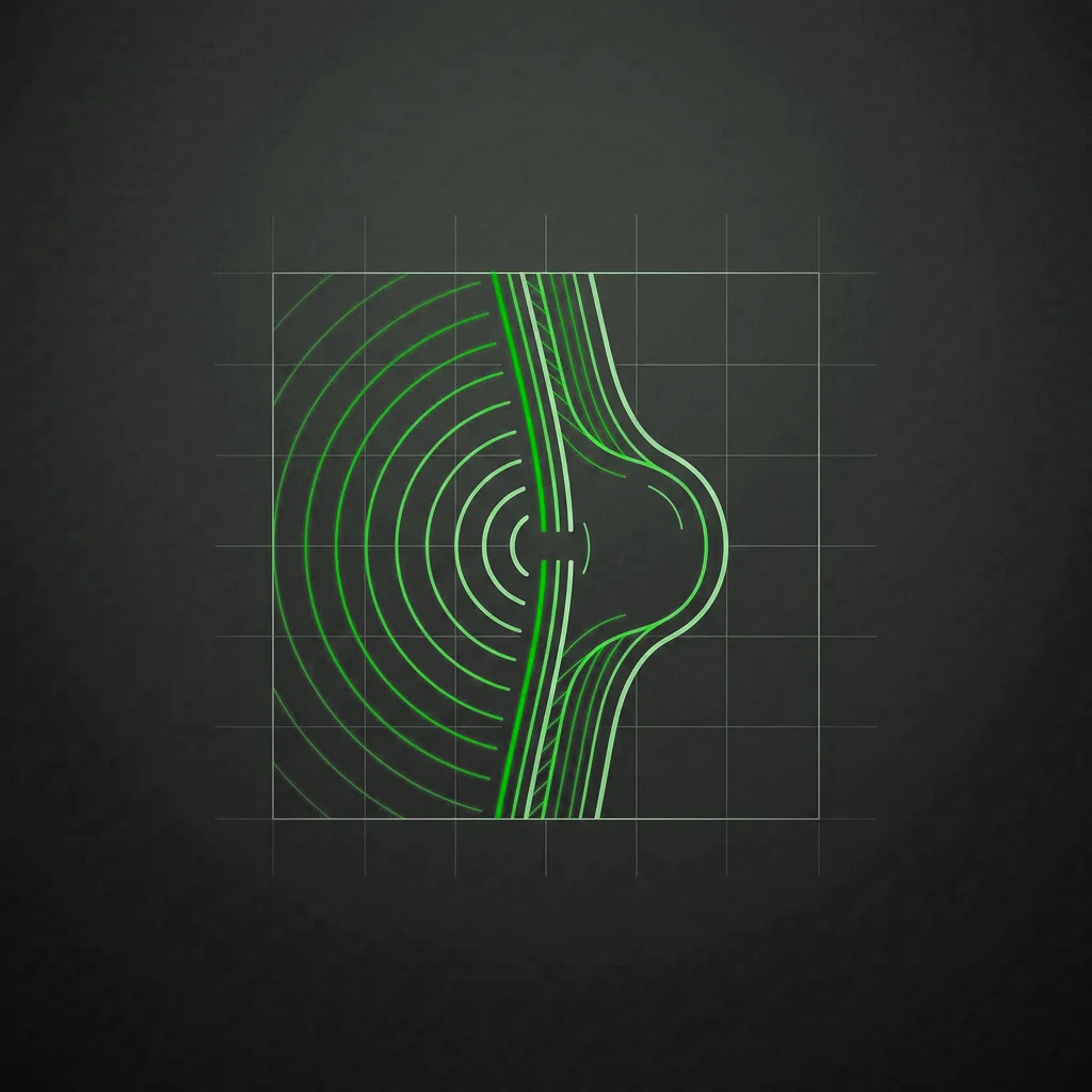 Schematic cross-section of the wall with a gap in the fascia, a rounded bulge protruding and concentric pressure lines pushing from inside