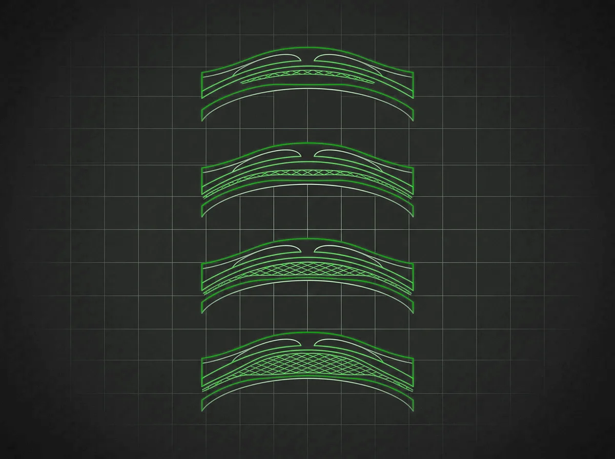 Four overlaid schematic sections of the wall, each with a thin mesh texture at a different depth, from the most superficial to the deepest