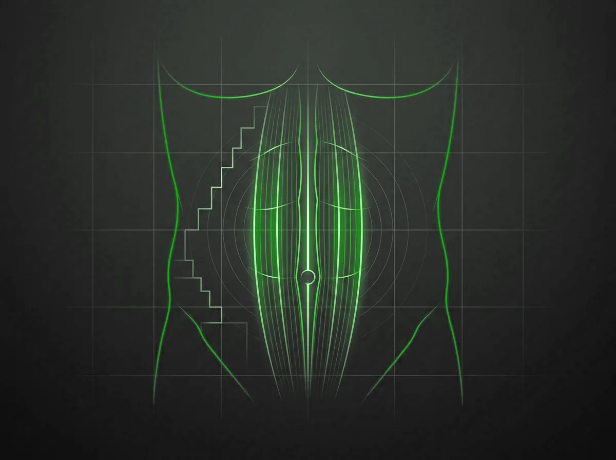 Frontal diagram of the abdominal wall with the rectus muscles and the linea alba, schematic illustration