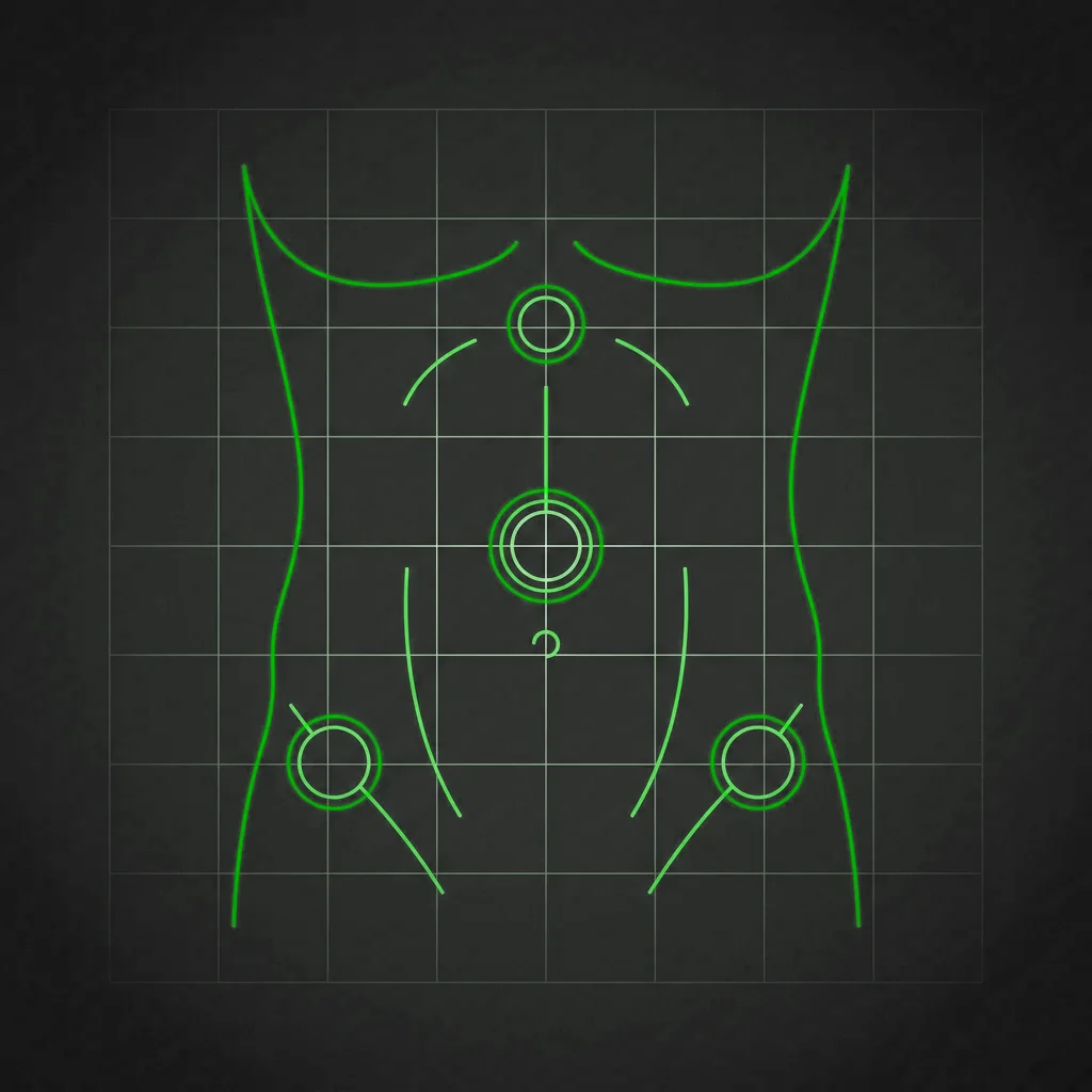 Schematic frontal silhouette of the abdominal wall with thin bright rings over the typical weak points: midline, supra-umbilical region and lower flanks
