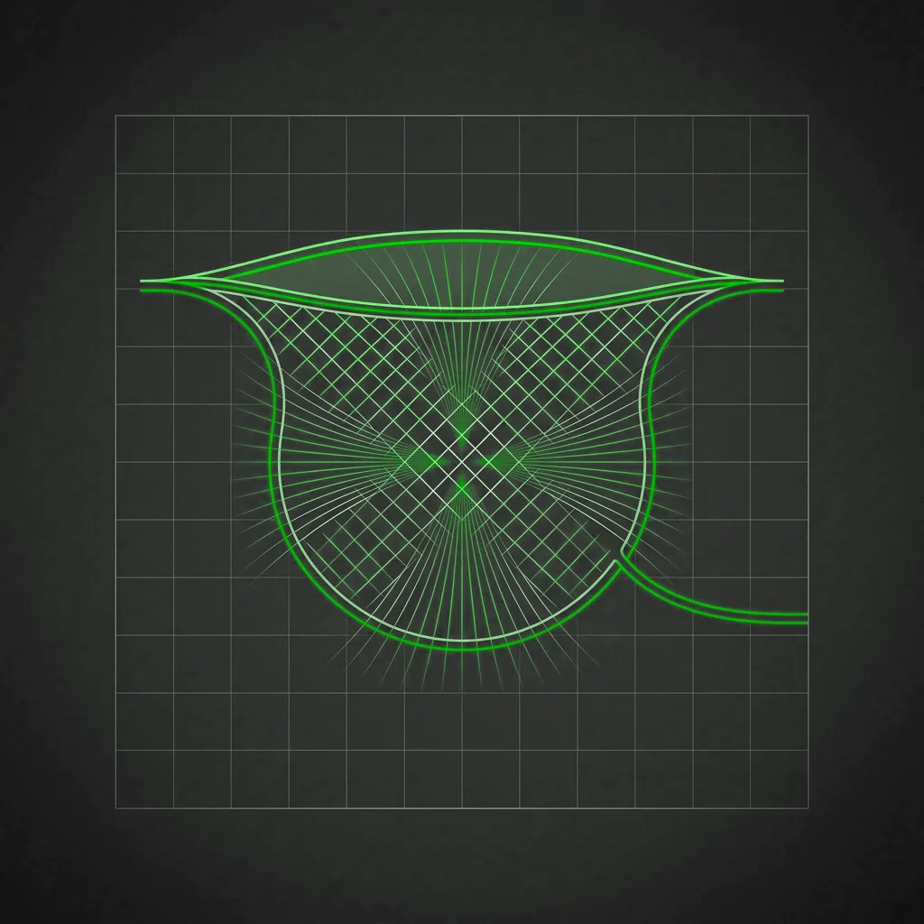 Schematic cross-section of a wound cavity sealed by a membrane with a gauze mesh inside, converging pressure lines and a thin drainage tube leaving the field